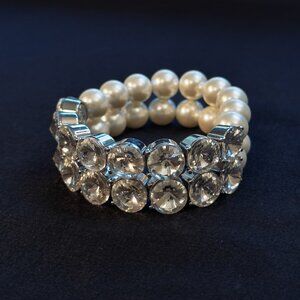 White Faux Pearl Rhinestone 3 Layer/Row/Strand Elastic Stretch Bracelet